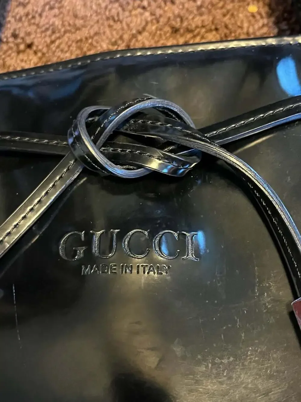GUCCI Vintage Black Patent Leather Tote Bag with Drawstring and Front Logo